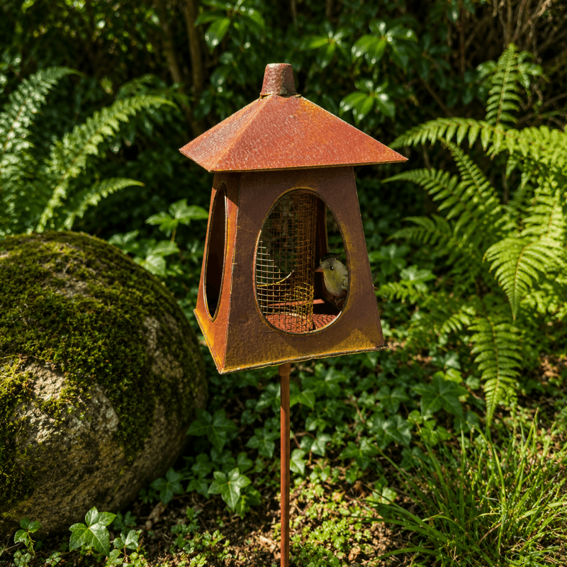 Vogelfutterhaus aus Metall mit Erdspieß in Laternenform
