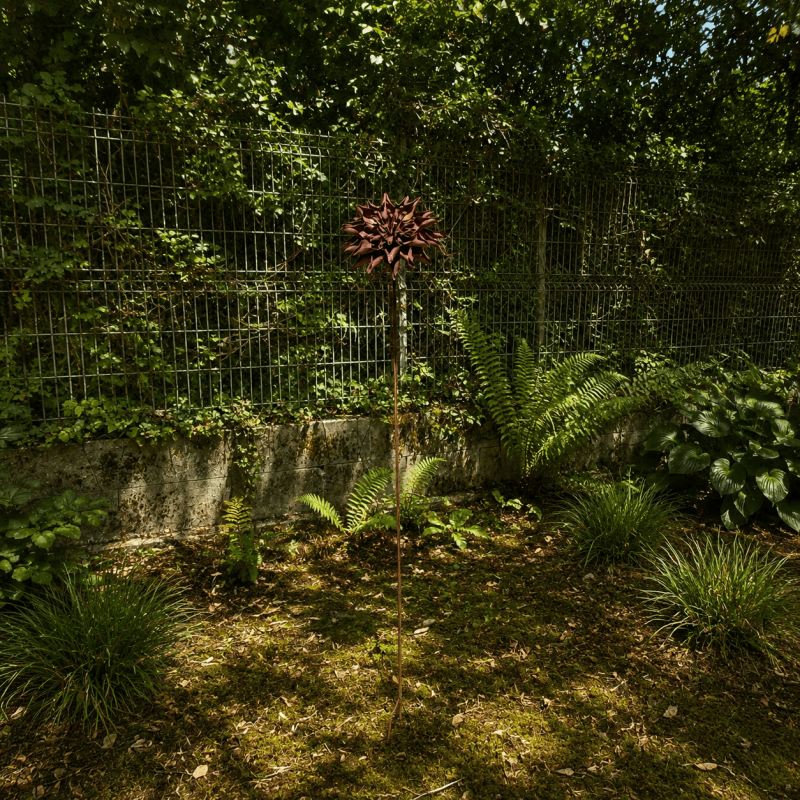 Hohe Dahlien-Gartenskulptur aus Metall in Rostoptik