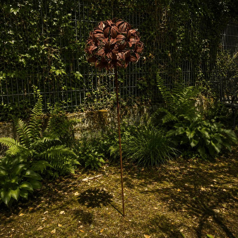 Hoher Gartenstecker mit Metallblume in Rostoptik – 160 cm