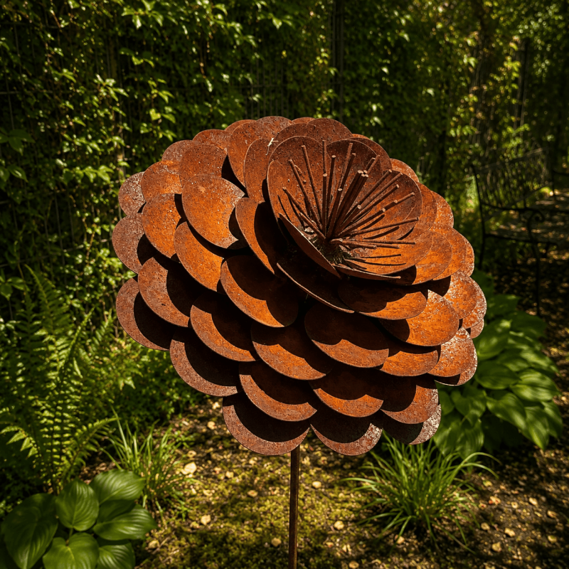 Dekorative Metallrose in Rostoptik mit detailreichem Blütenzentrum