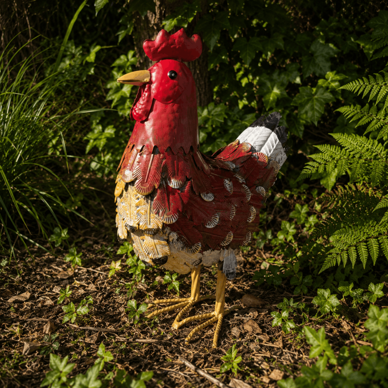 Farbenfrohe Hühnerfigur aus Metall für den Garten