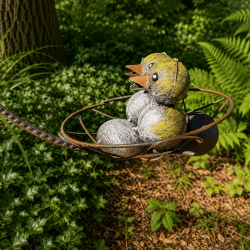 Huhn, das in seinem Metallnest sitzt