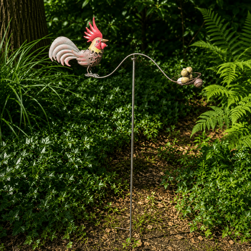Wippfigur Hahn und Henne im Nest aus Metall auf Stab