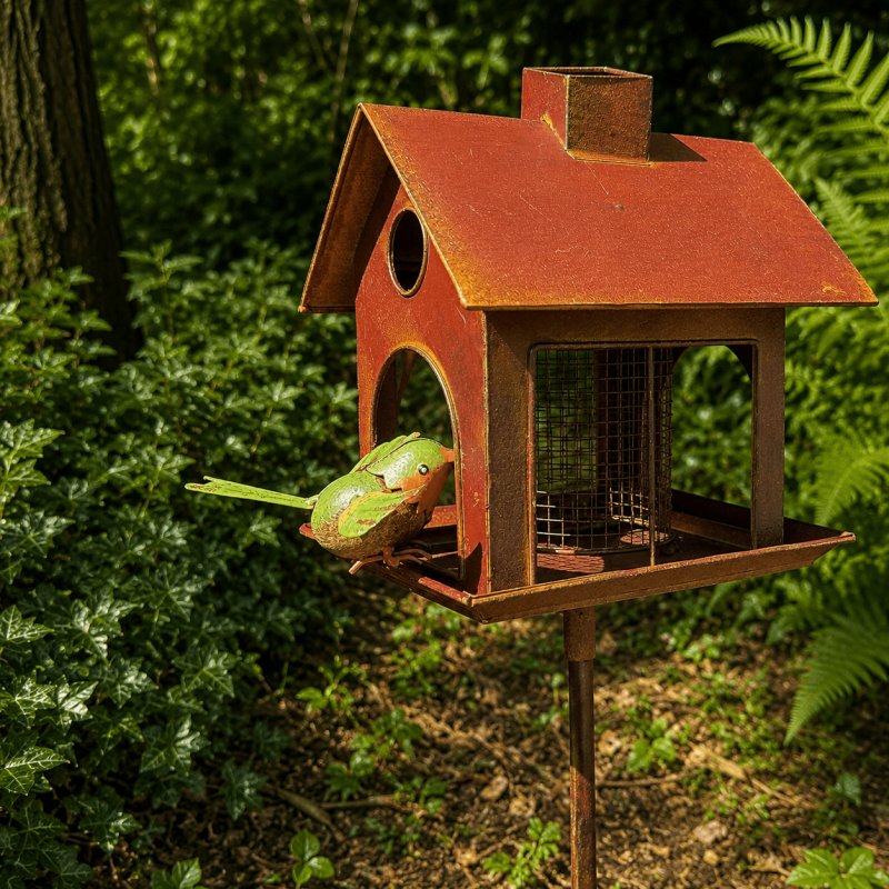 Vogelfutterhaus aus Metall mit Erdspieß in rustikaler Hausform