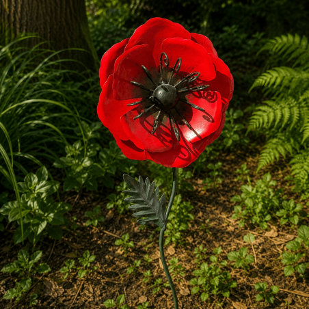 Coquelicot rouge en métal sur pique – Fleur de jardin 70 cm
