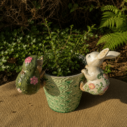 2er-Set Blumentopfhänger Hase und Igel mit grünem Übertopf