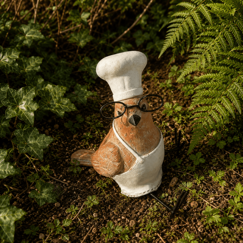 Vogelfigur als Koch mit Brille aus Kunstharz