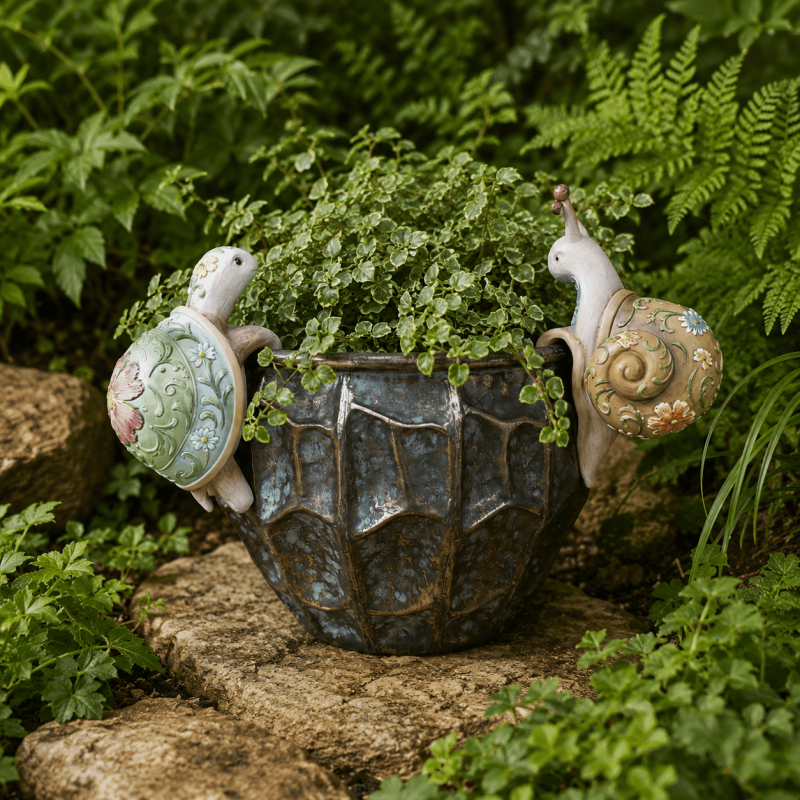 Blumentopfhänger Schildkröte und Schnecke an einem bepflanzten Gartentopf