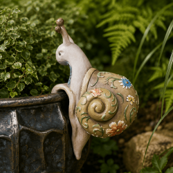 Schnecken-Topfhänger aus Kunstharz mit Blumen und Spiralgehäuse
