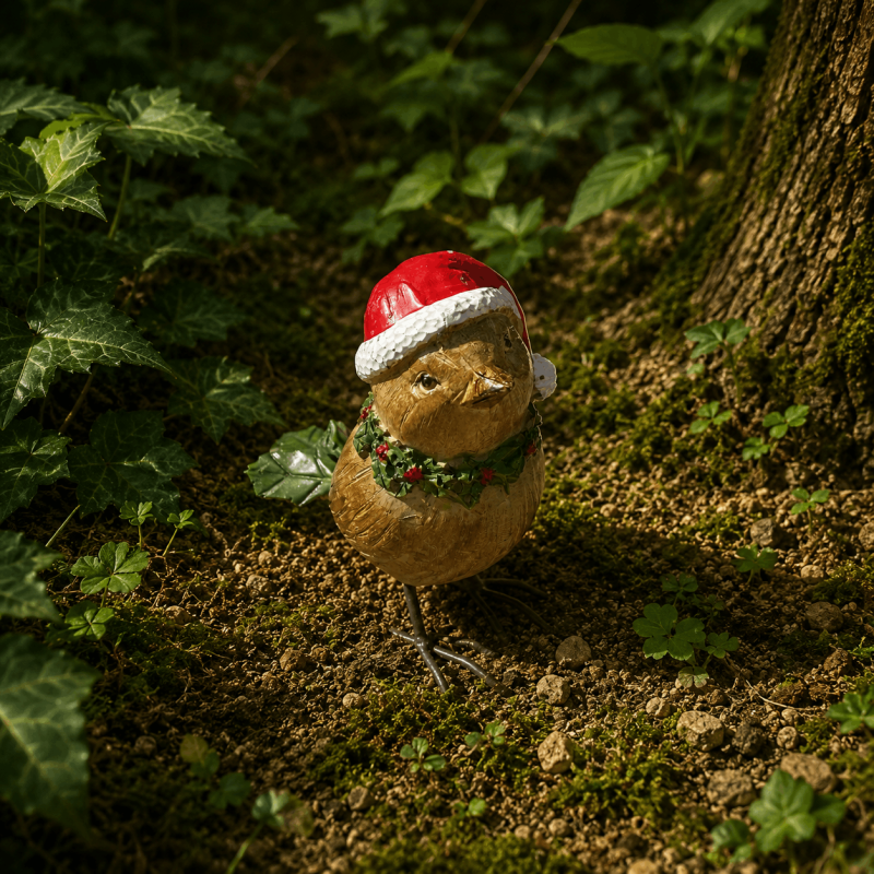 Weihnachtsvogel aus Kunstharz mit roter Mütze auf moosigem Waldboden