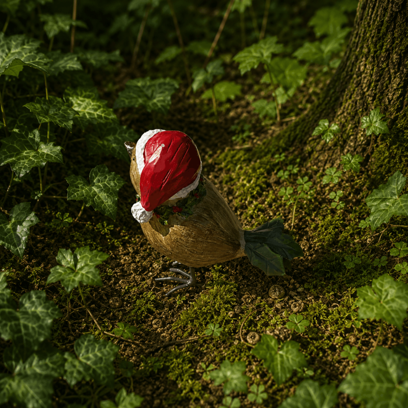 Rückansicht der Vogelfigur mit roter Weihnachtsmütze