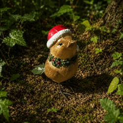 Nahaufnahme des Weihnachtsvogels mit grünem Schal und roten Beeren