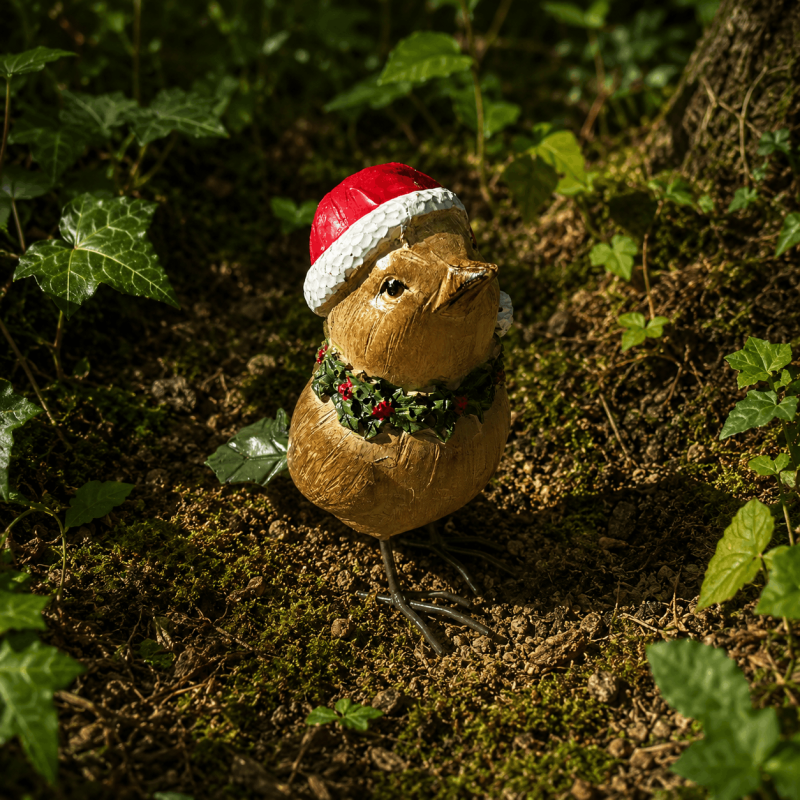 Nahaufnahme des Weihnachtsvogels mit grünem Schal und roten Beeren