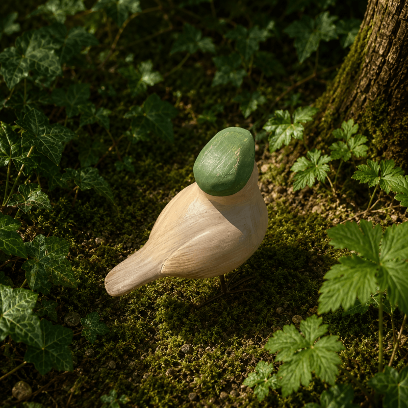Kleine beige Vogelfigur aus Kunstharz mit cremefarbenem Gefieder und grüner Baskenmütze