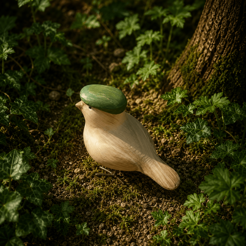 Vogelfigur aus Kunstharz mit grüner Baskenmütze