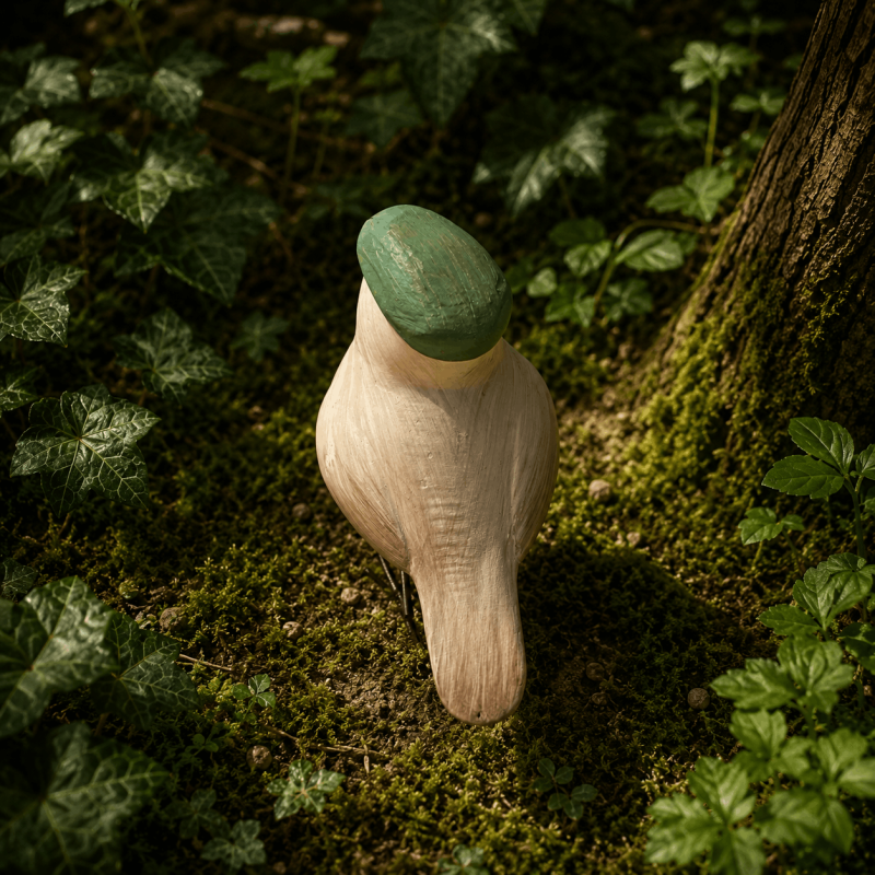 Kleine beige Vogelfigur aus Kunstharz mit cremefarbenem Gefieder und grüner Baskenmütze