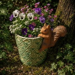 Aufrechtes Eichhörnchen mit buschigem Schwanz am Blumentopf