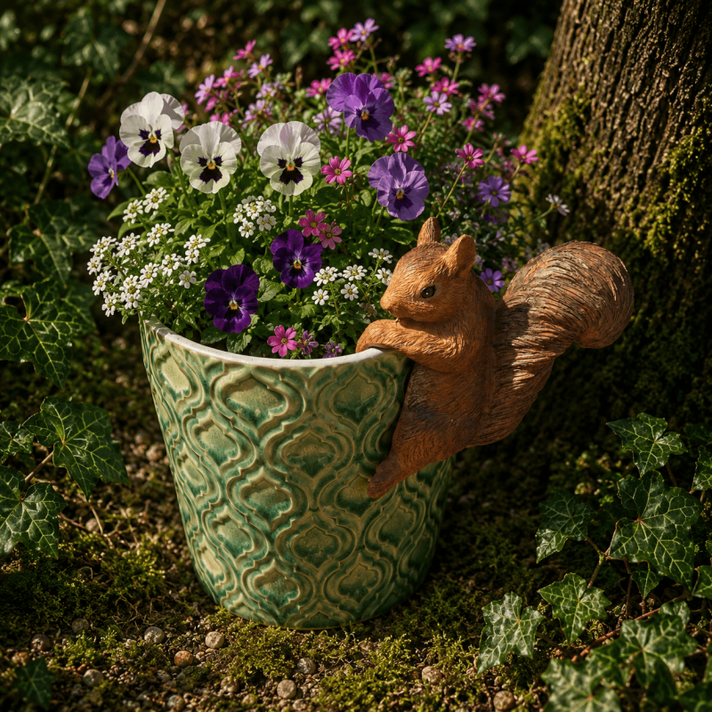 Aufrechtes Eichhörnchen mit buschigem Schwanz am Blumentopf