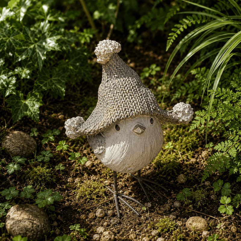 Weihnachtsvogel aus Kunstharz mit brauner Strickmütze