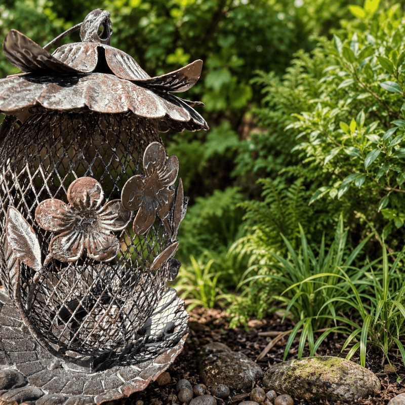 Ajourierter Futterbehälter aus Metallgitter mit Blumenreliefs