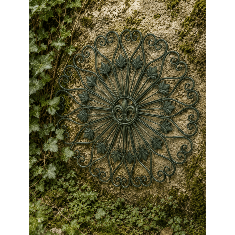 Dekorative Metallrosette in Dunkelgrün für Gartenmauer und Fassade