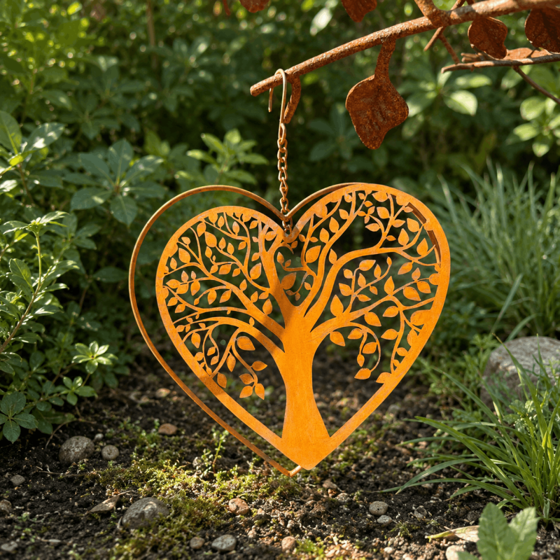Herz mit Lebensbaum aus Metall als hängende Gartendekoration