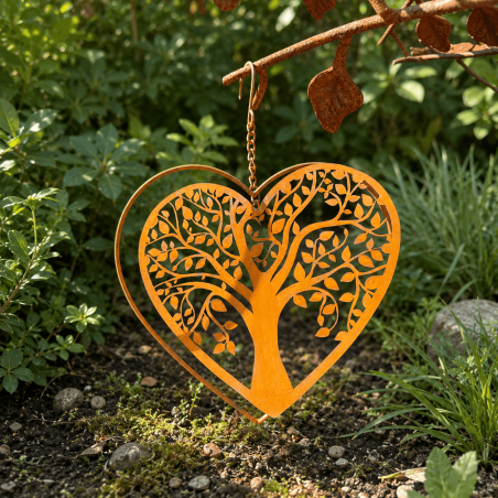 Herz mit Lebensbaum aus Metall als hängende Gartendekoration