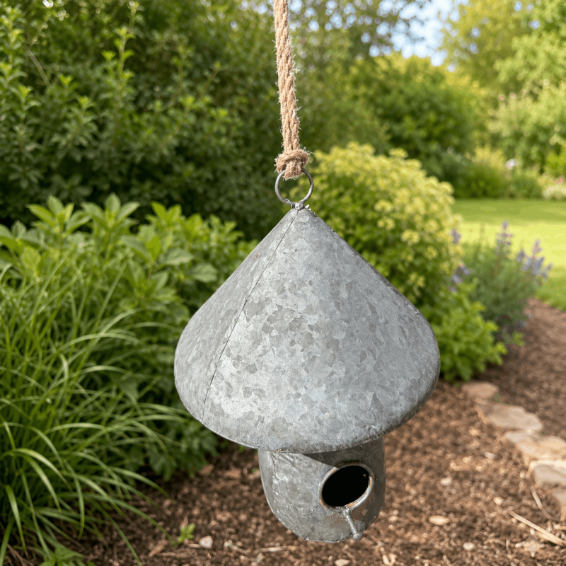 Nichoir à oiseaux champignon en métal à suspendre