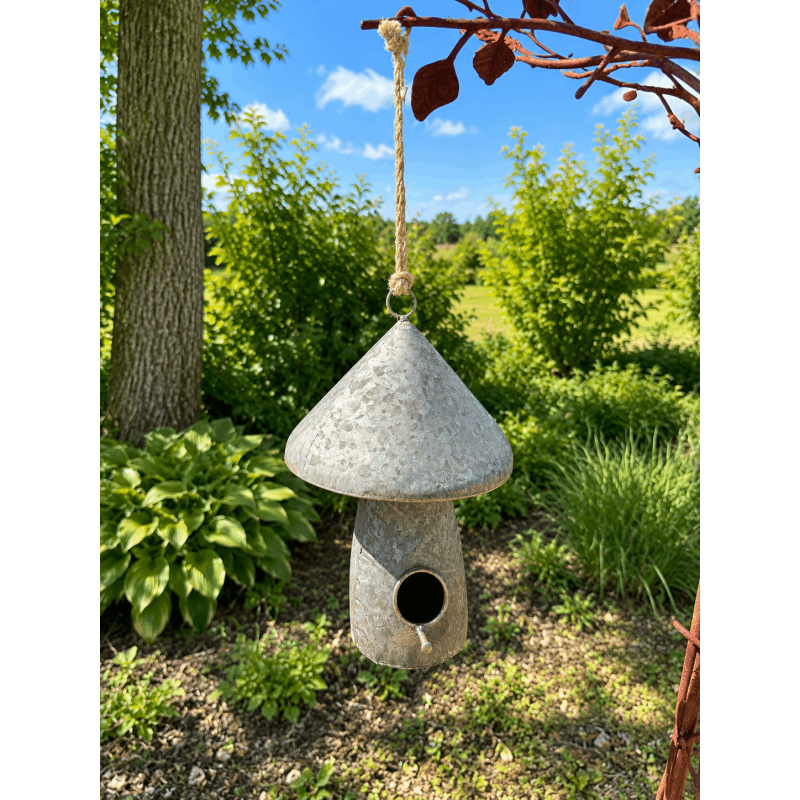 Hängender Nistkasten in Pilzform im Garten