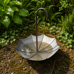 Vogelfutterstelle in Form eines umgedrehten Regenschirms im Garten