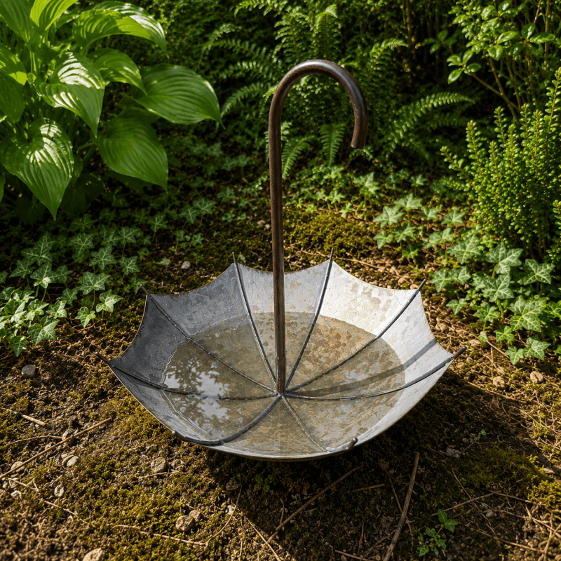 Vogelfutterstelle in Form eines umgedrehten Regenschirms im Garten