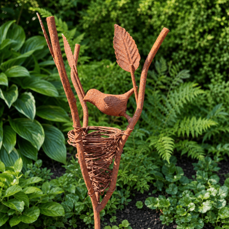 Pic décoratif oiseau et nid en métal rouillé – 119 cm