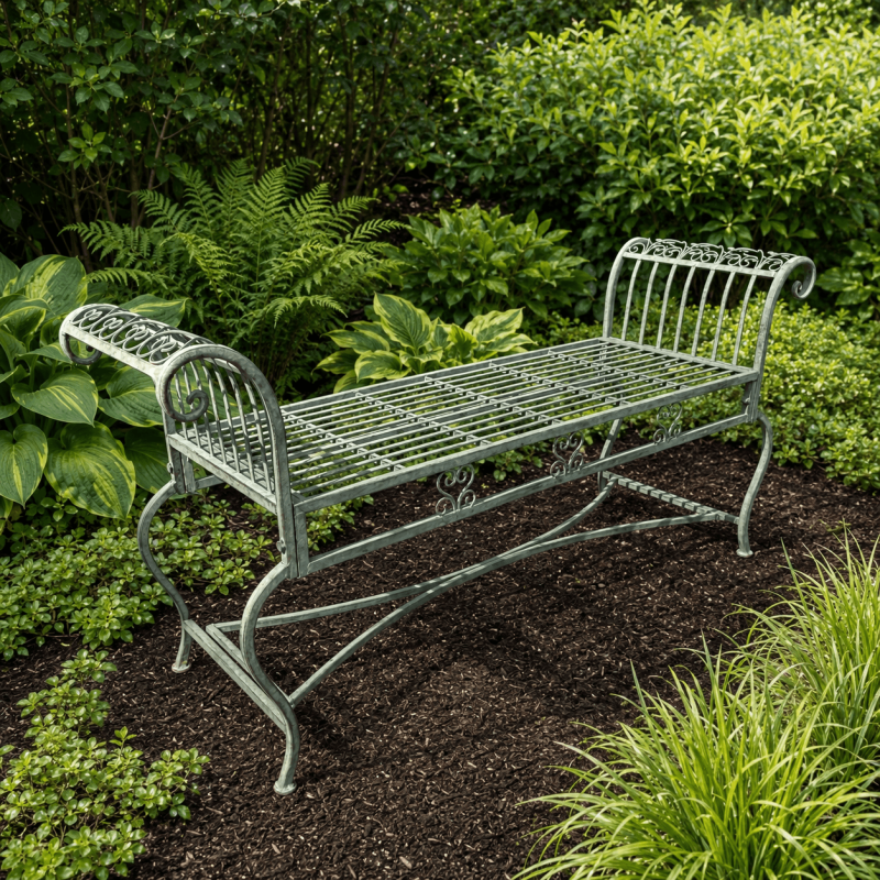 Gartenbank aus Metall mit dekorativer Grünspanpatina
