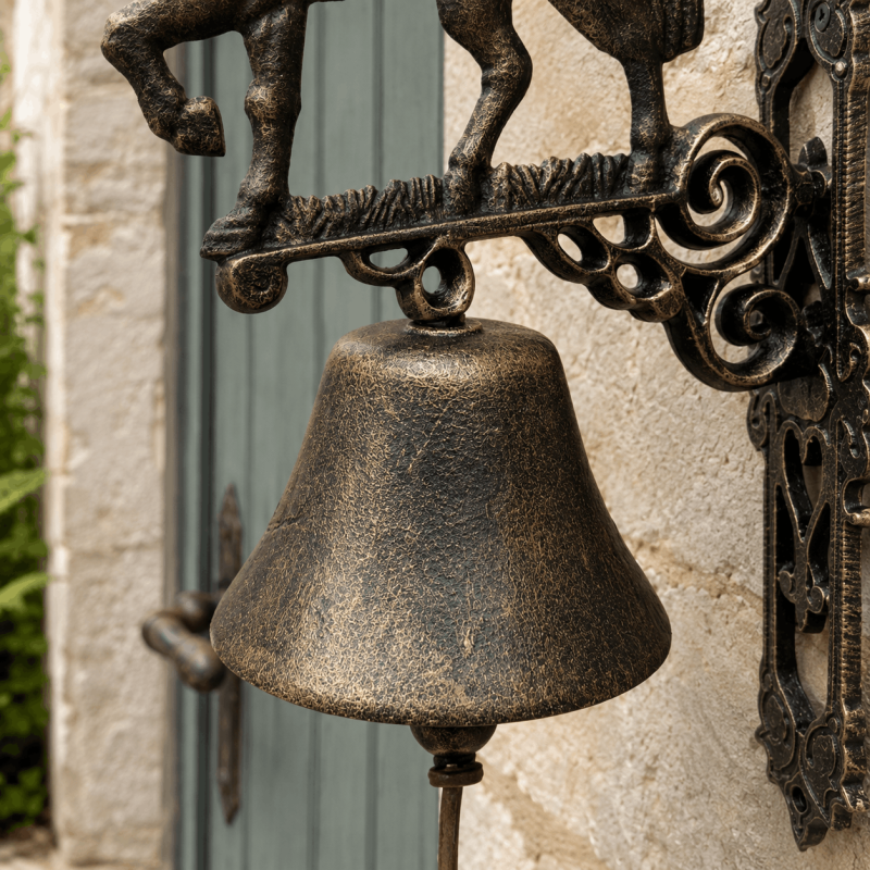 Detail der braun-gold patinierten Glocke und der geschwungenen Voluten der Wandhalterung